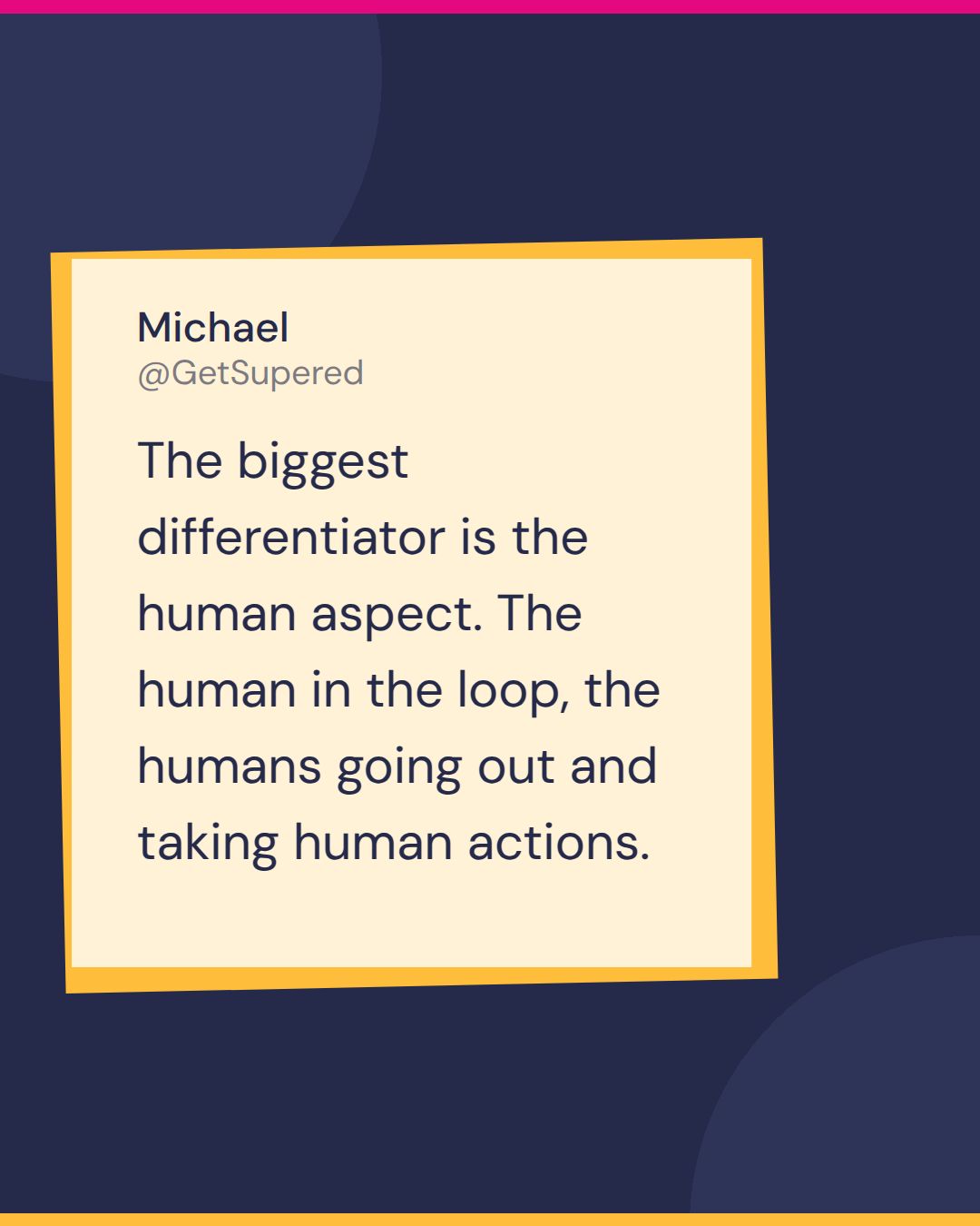 GTM tools quote card from Show Me Your Stack: Michael says the biggest differentiator is the human aspect, the human in the loop, the humans going out and taking human actions.