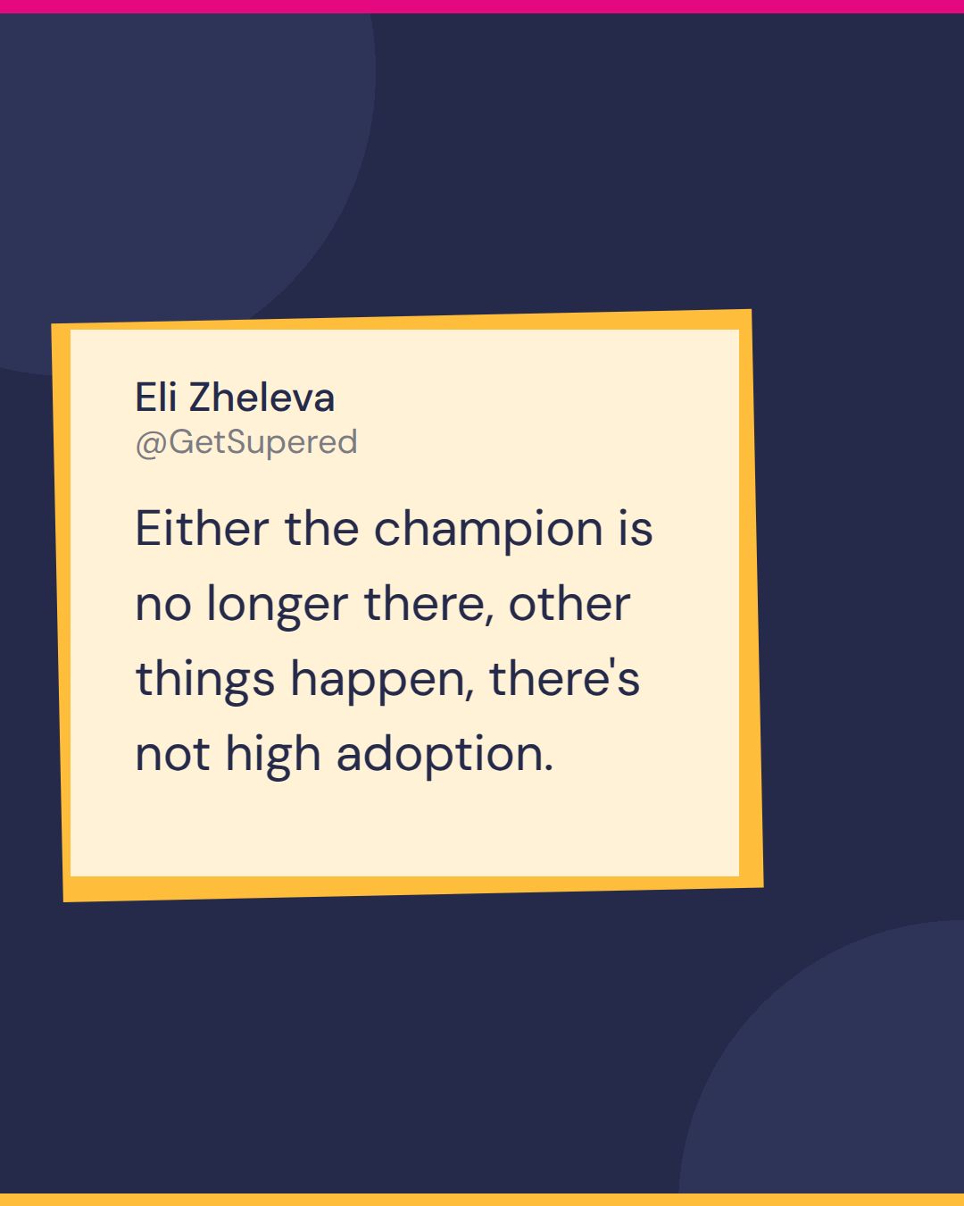HubSpot CRM consultant quote card from Fast and Tierious: Eli Zheleva of CRM Squad says either the champion is no longer there, other things happen, there's not high adoption.